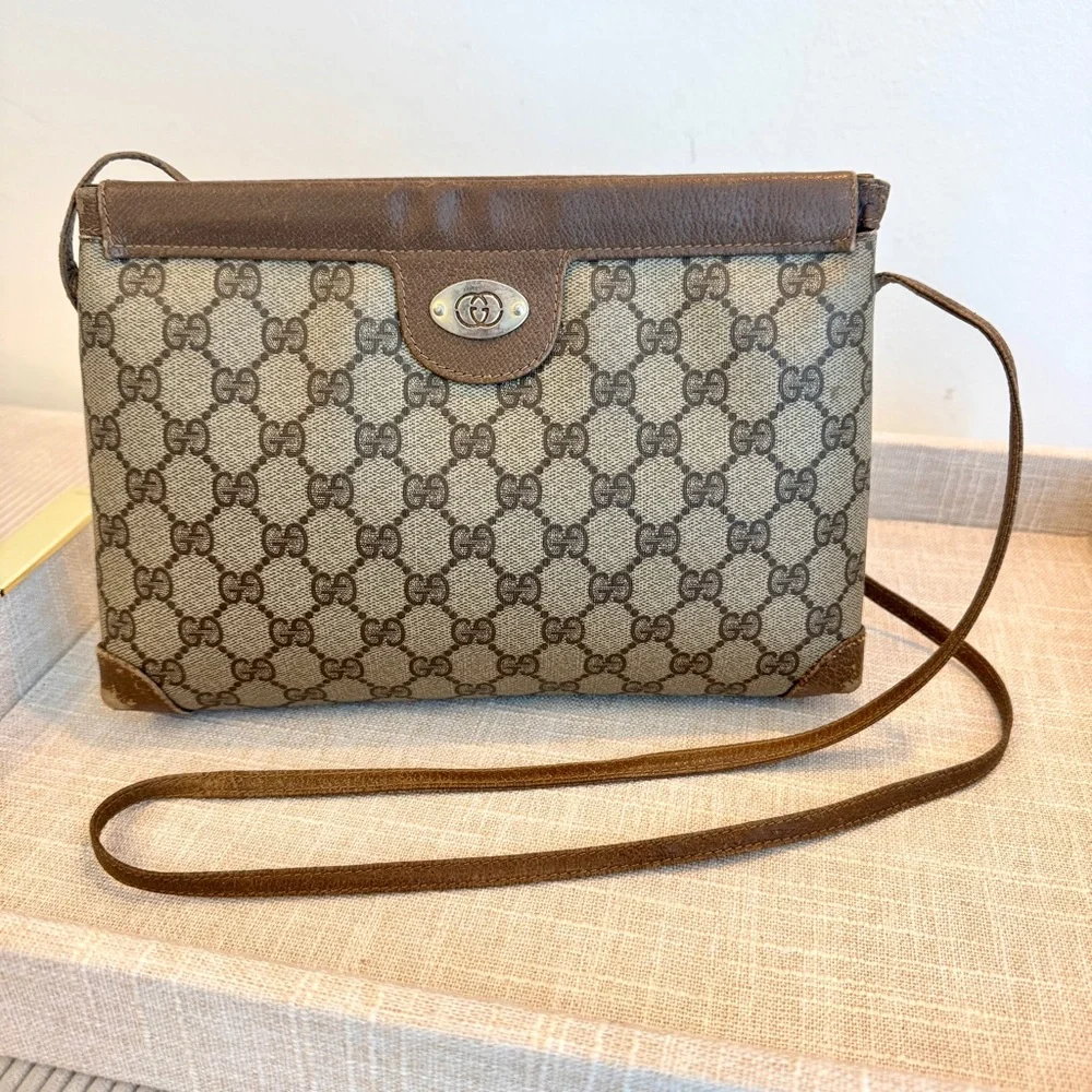 Gucci Vintage Crossbody Coated Canvas Shoulder Bag GG Monogram Leather Trim - Picture 4 of 17